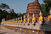 Ayutthaya, Thailand. Wat Yai Chai Mongkhon, saffron-draped Buddha statues inside the temple compound.